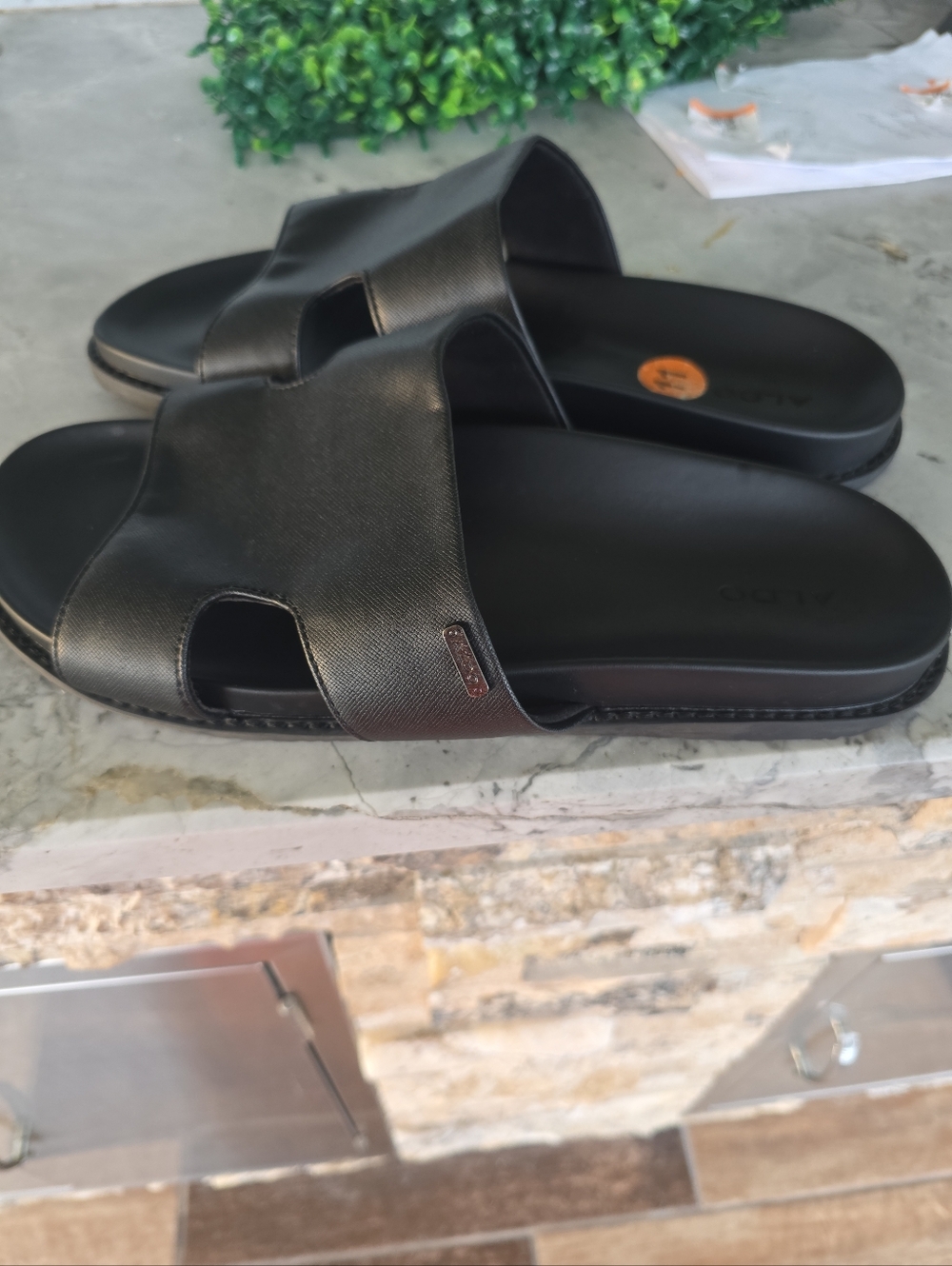 Aldo Black Leather Slide Sandals